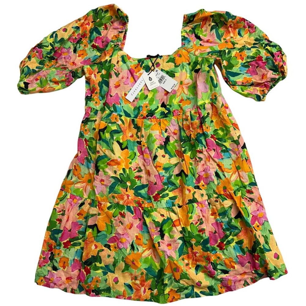 NEW Sanctuary Colorful Floral Puff Sleeve Tiered Midi Dress Cotton Square Neck